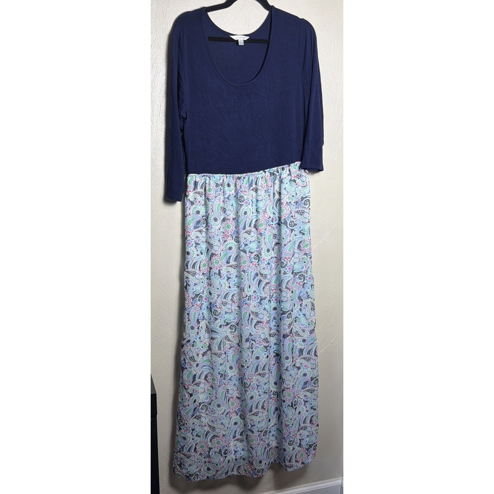Charming Charlie Navy Blue & Paisley Print Full Length Rayon Dress Large Peasant